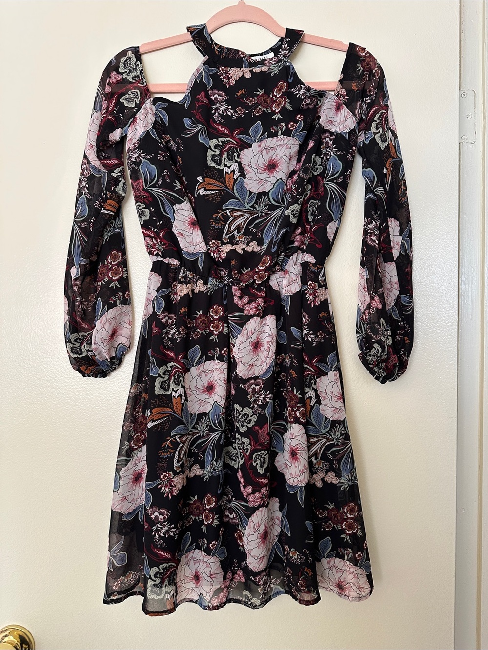 Floral Cold-Shoulder Fit & Flare Dress in Black and Pink